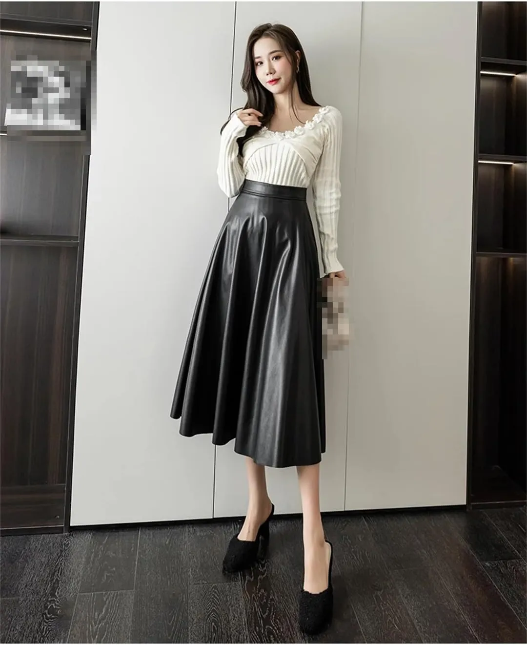 Fnfmrfmr Womens Black A-Line Leather Skirts Hihg Waist Back Zipper Fly PU Skirts Midi Length Pleated Skirt