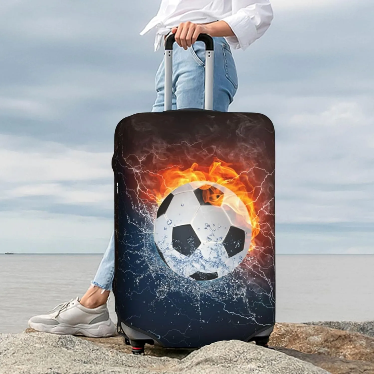 Football Luggage Suitcase Covers Elastic Washable SoccerLuggage Protector Travel Suitcase Protective Cover For Kid And Adult, M (Fit 22-24 Inch Luggage)