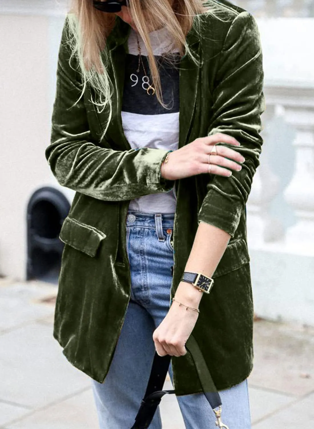 futurino Women's Solid Color Long Sleeve Velvet Jacket Open Front Casual Suit Cardigan Mid-Length Coat