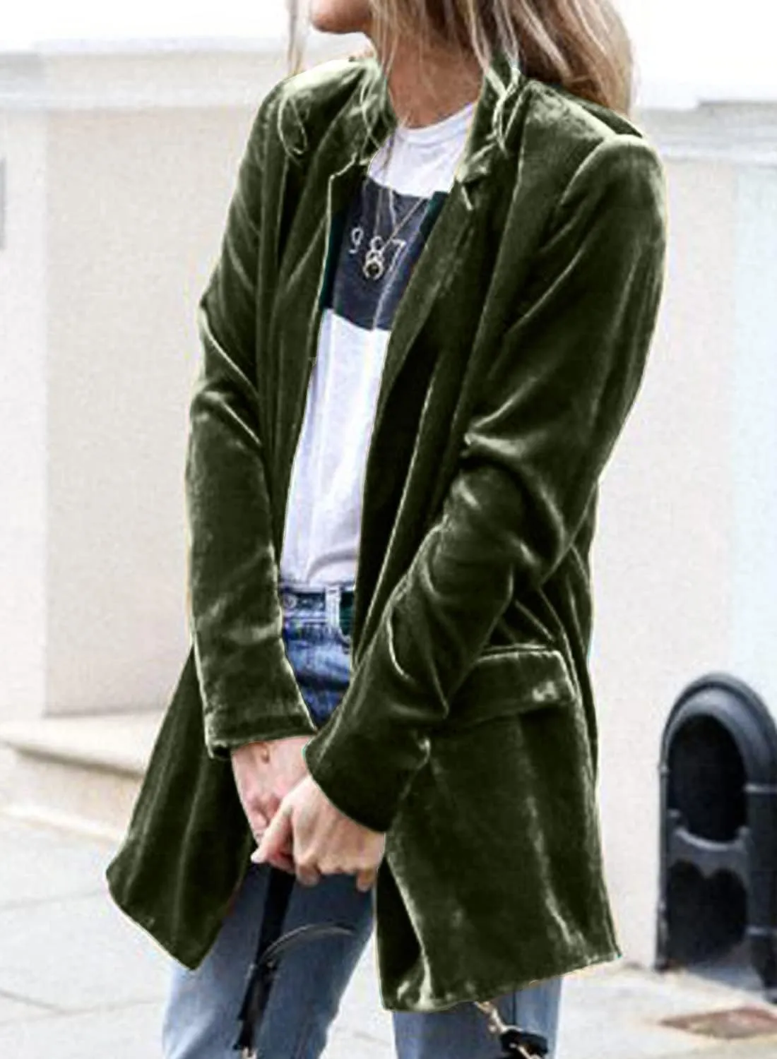 futurino Women's Solid Color Long Sleeve Velvet Jacket Open Front Casual Suit Cardigan Mid-Length Coat