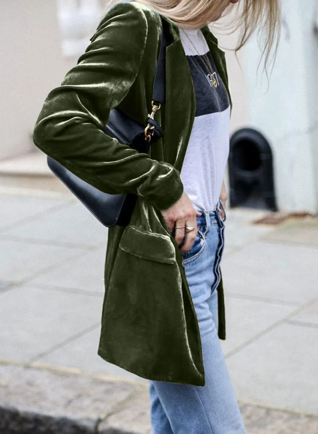 futurino Women's Solid Color Long Sleeve Velvet Jacket Open Front Casual Suit Cardigan Mid-Length Coat