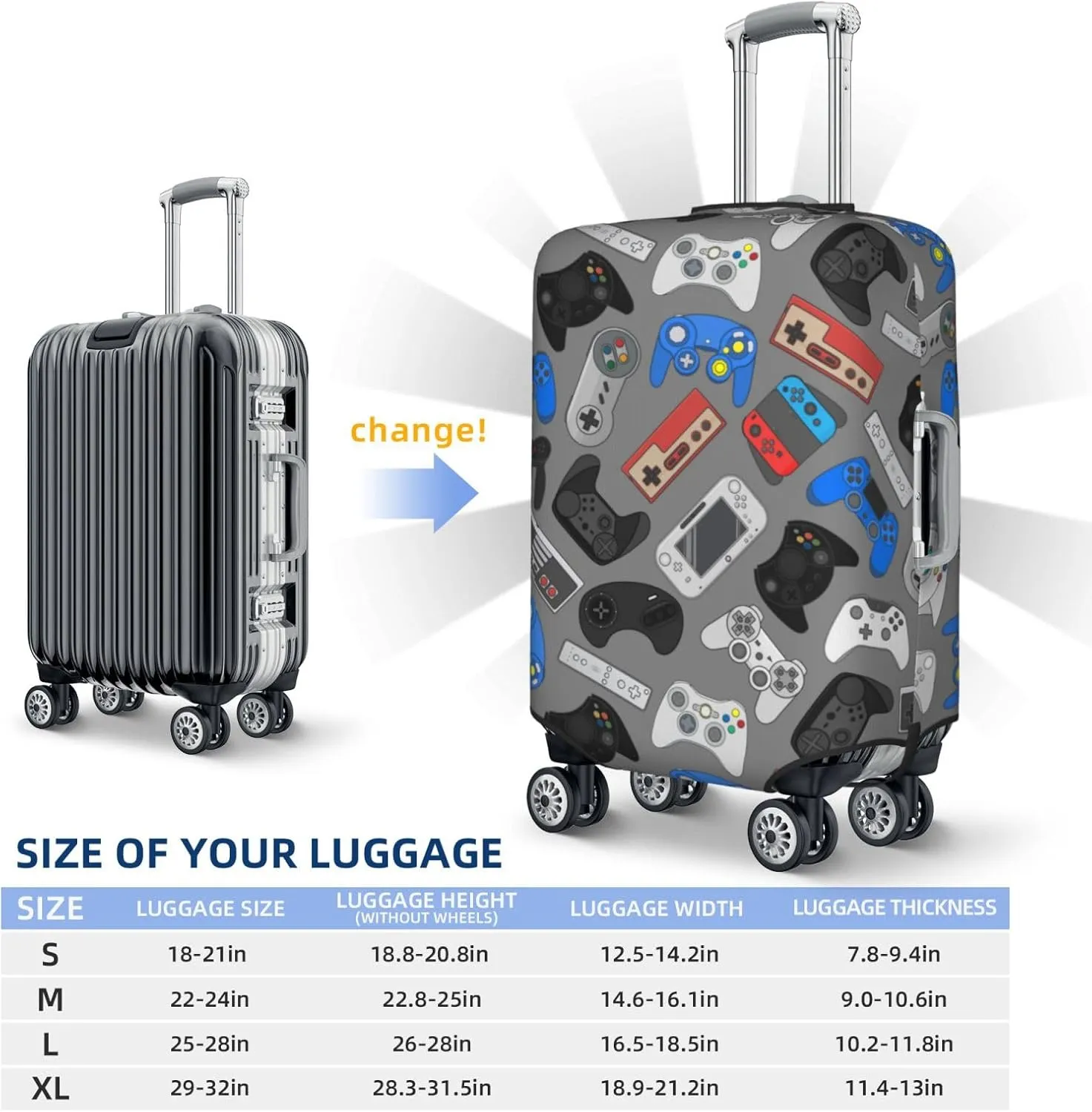 Game Console Controllers Luggage Suitcase Covers Elastic Washable Gamepad Luggage Protector Travel Suitcase Protective Cover For Kid And Adult, M (Fit 22-24 Inch Luggage)