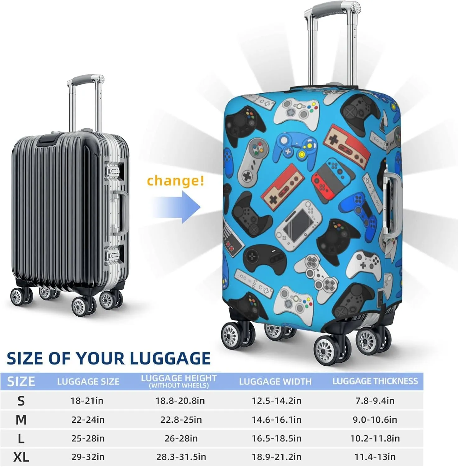 Game Joystick Background Luggage Suitcase Covers Elastic Washable Video Game Theme Luggage Protector Travel Suitcase Protective Cover For Kid And Adult, M (Fit 22-24 Inch Luggage)