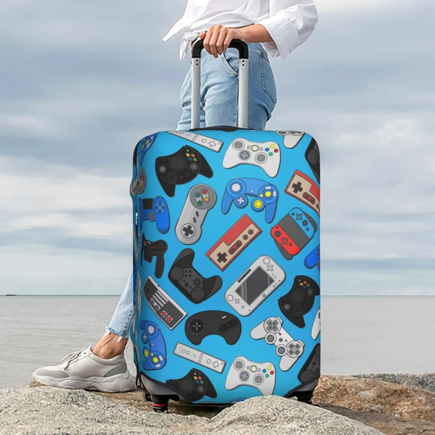 Game Joystick Background Luggage Suitcase Covers Elastic Washable Video Game Theme Luggage Protector Travel Suitcase Protective Cover For Kid And Adult, M (Fit 22-24 Inch Luggage)