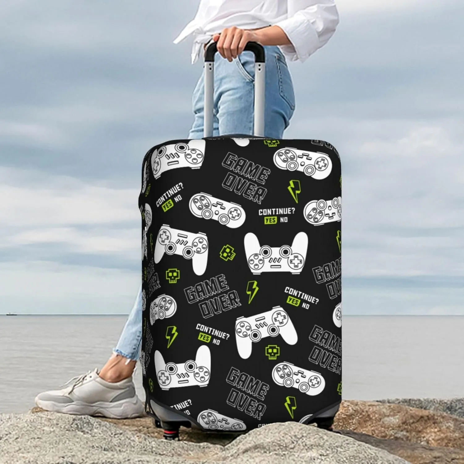 Game Slogans And Gamepads Luggage Suitcase Covers Elastic Washable Video Game Controller Theme Luggage Protector Travel Suitcase Protective Cover For Kid And Adult, M (Fit 22-24 Inch Luggage)
