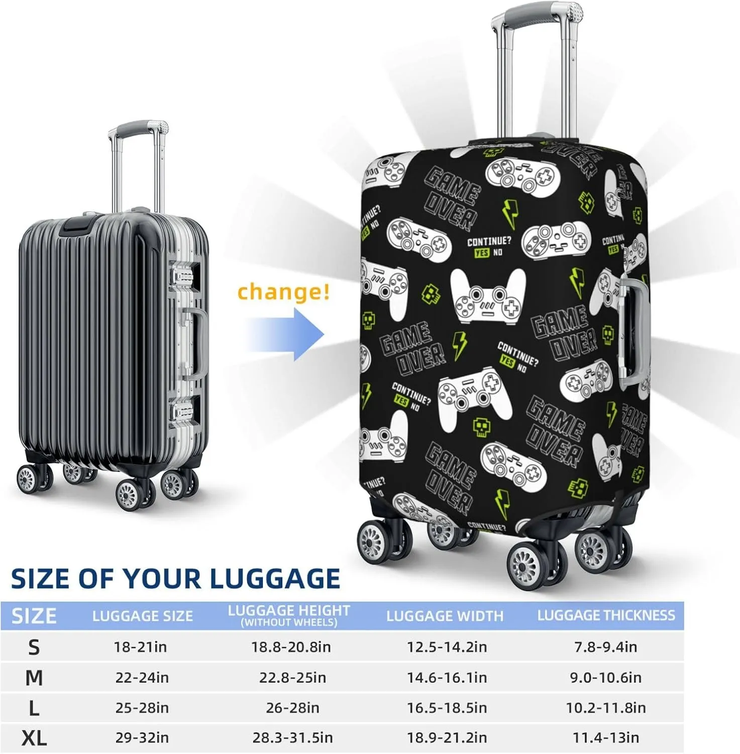 Game Slogans And Gamepads Luggage Suitcase Covers Elastic Washable Video Game Controller Theme Luggage Protector Travel Suitcase Protective Cover For Kid And Adult, M (Fit 22-24 Inch Luggage)