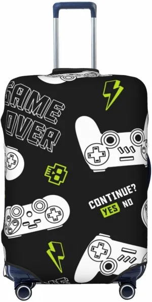 Gamepads And Game Slogans Luggage Suitcase Covers Elastic Washable Video Game Theme Luggage Protector Travel Suitcase Protective Cover For Kid And Adult, S (Fit 18-21 Inch Luggage)