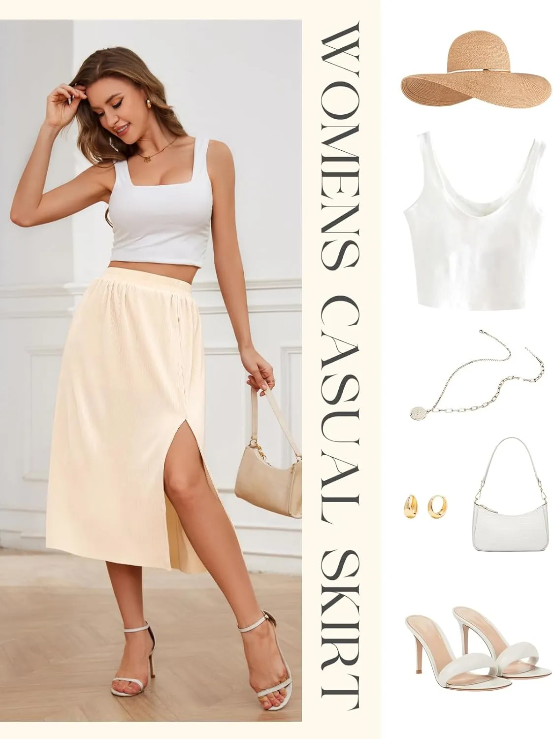 Gardenwed Womens Midi Casual Skirt High Waisted Pleated Flowy A Line Elastic Swing Skirts with Side Slit