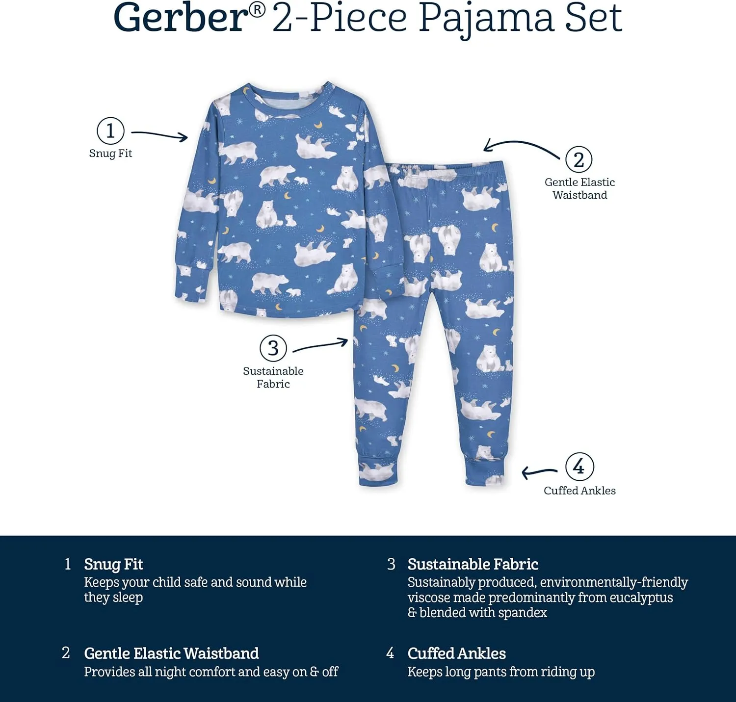 Gerber Unisex Baby Toddler Buttery Soft 2-Piece Snug Fit Pajamas with Viscose Made from Eucalyptus