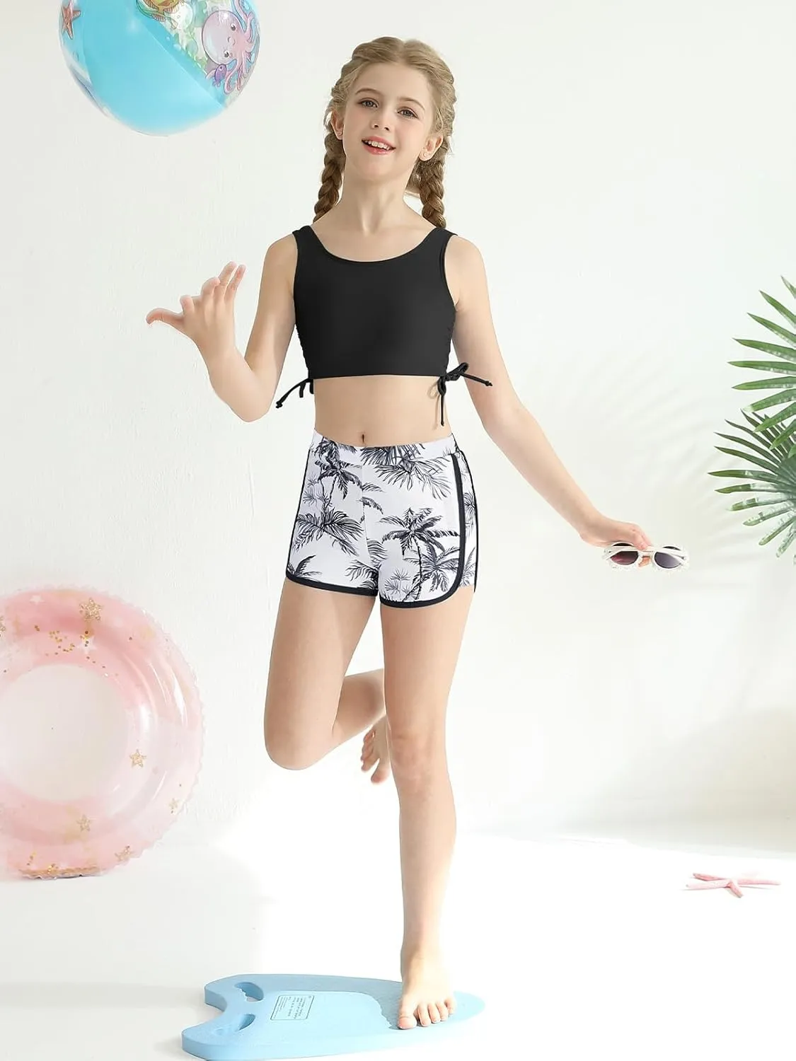 Girl's 3 Piece Bikini Bathing Suit Printed Sport Swimsuits with Shorts Cove Up Sets Teen Girl's Swimwear