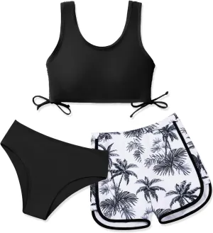 Girl's 3 Piece Bikini Bathing Suit Printed Sport Swimsuits with Shorts Cove Up Sets Teen Girl's Swimwear