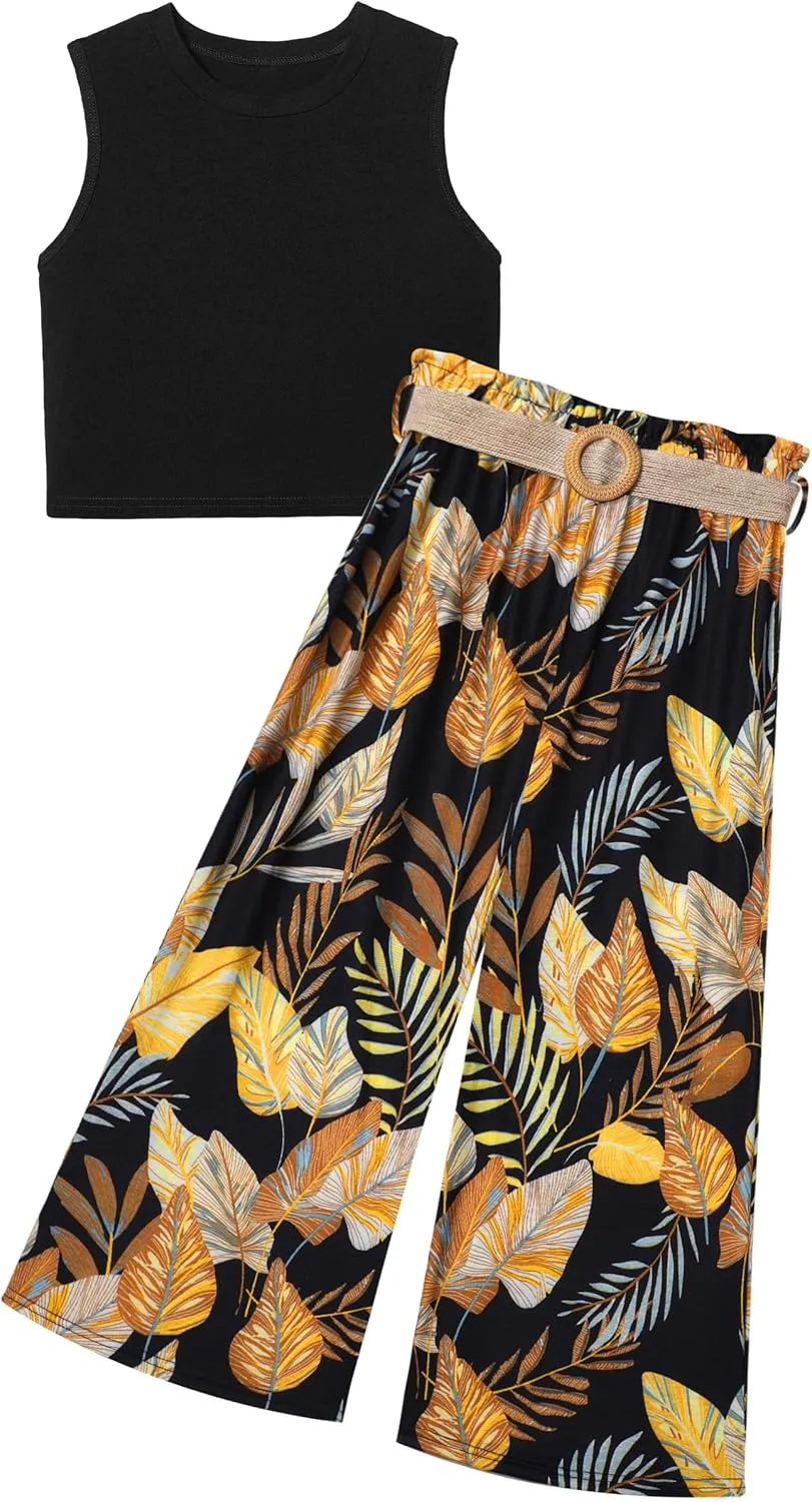 Girls Clothes 6-16Y Kids Clothes Girls Rib Crop Tank Tops   Pleated Wide Leg Pants Girls 2 Piece Summer Outfits