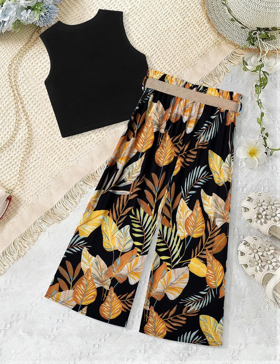 Girls Clothes 6-16Y Kids Clothes Girls Rib Crop Tank Tops   Pleated Wide Leg Pants Girls 2 Piece Summer Outfits