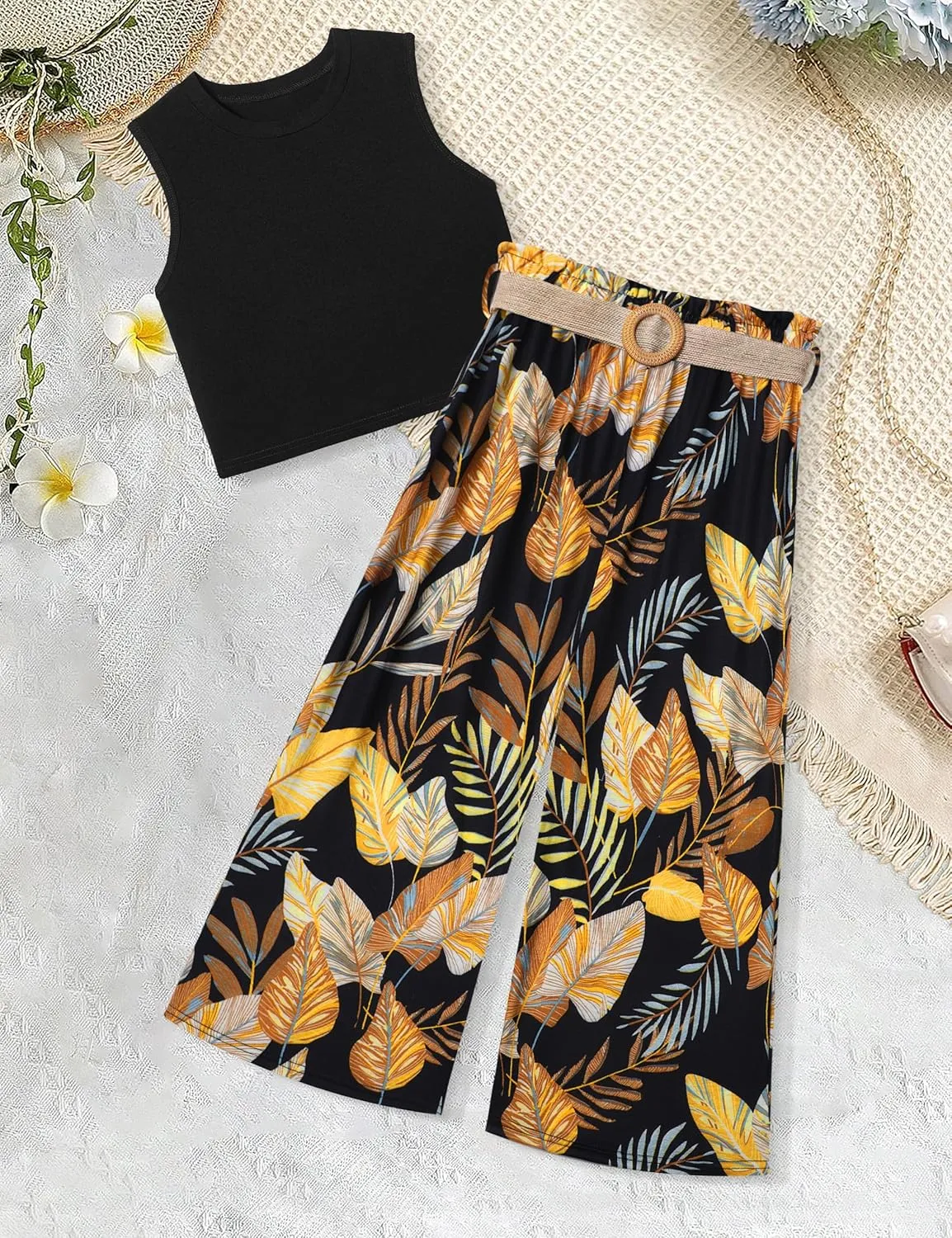 Girls Clothes 6-16Y Kids Clothes Girls Rib Crop Tank Tops   Pleated Wide Leg Pants Girls 2 Piece Summer Outfits