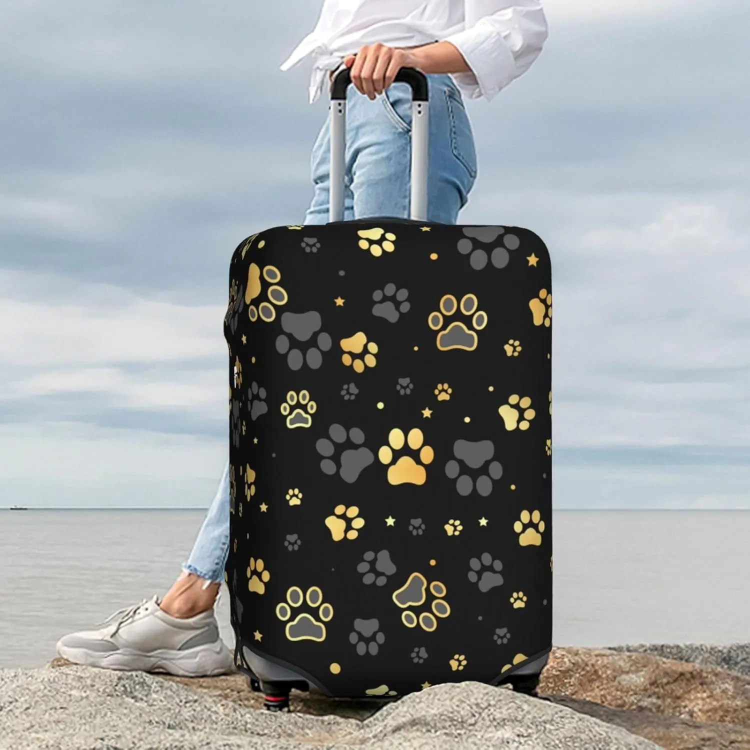 Golden Dog Paws Luggage Suitcase Covers Elastic Washable Cute Animal Footprints Luggage Protector Travel Suitcase Protective Cover For Kid And Adult, M (Fit 22-24 Inch Luggage)