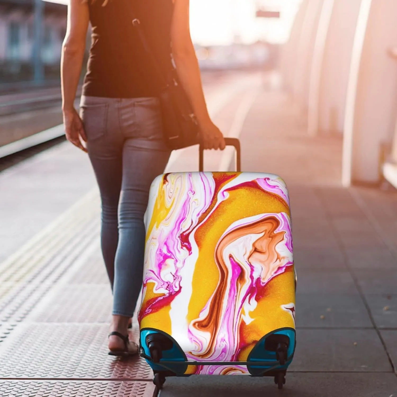 Golden White Purple Marbled Travel Luggage Cover Fits 18-32 Inch Luggage, Elastic Suitcase Cover Protector with Concealed Zipper for Wheeled Suitcase Travel Accessories