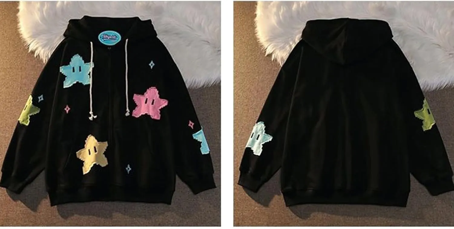 GOOCHEER Women 's Teen Girl Star Print Y2K Zip Up Hoodies Jacket Sweatshirt Cute Fall Jacket Hoodie Clothes
