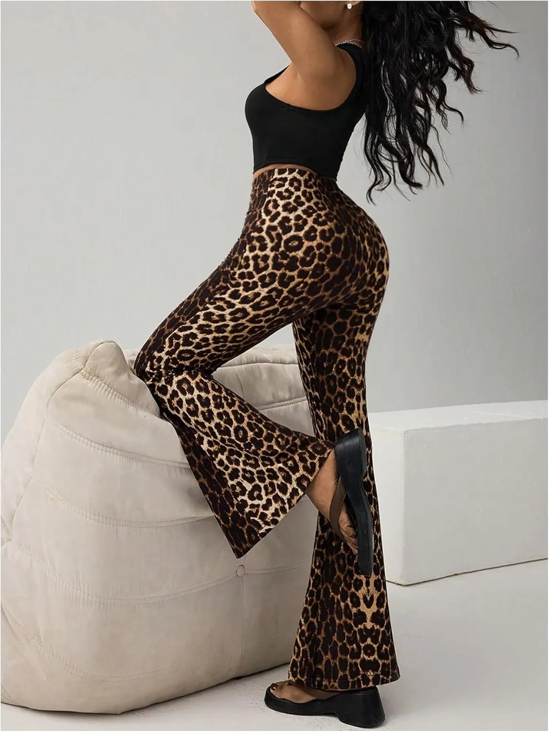 GORGLITTER Women's Cheetah Print Pants Bell Bottom High Waist Y2k Leopard Flare Trousers