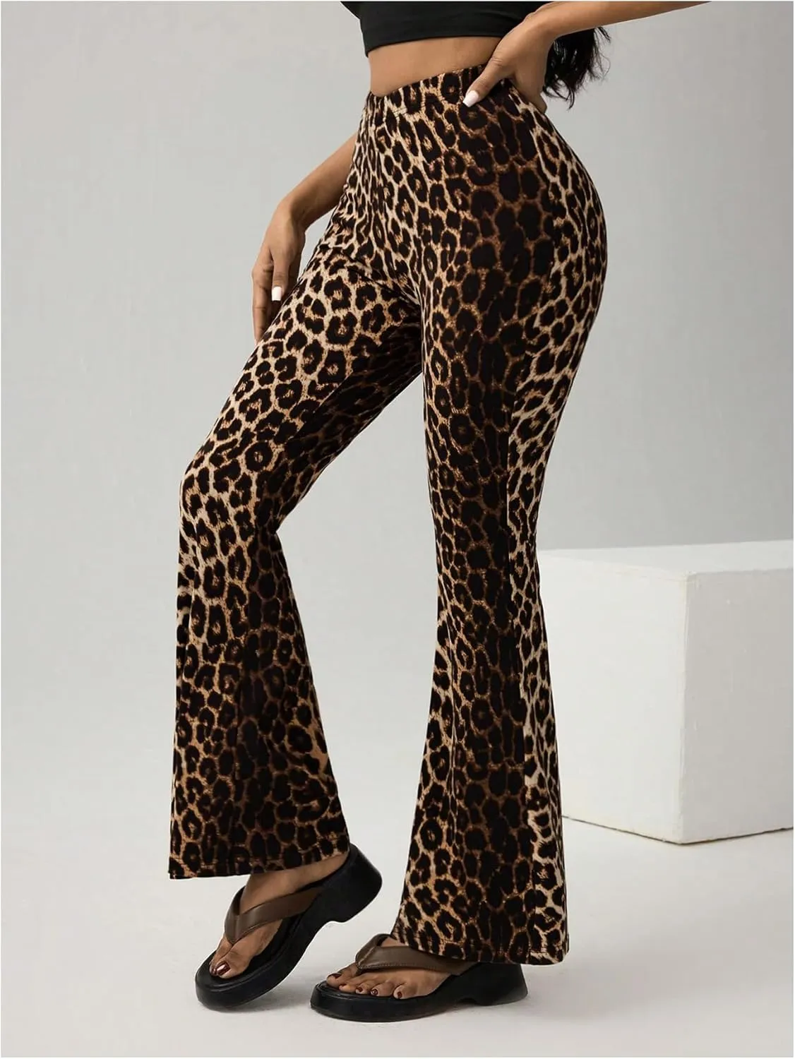 GORGLITTER Women's Cheetah Print Pants Bell Bottom High Waist Y2k Leopard Flare Trousers