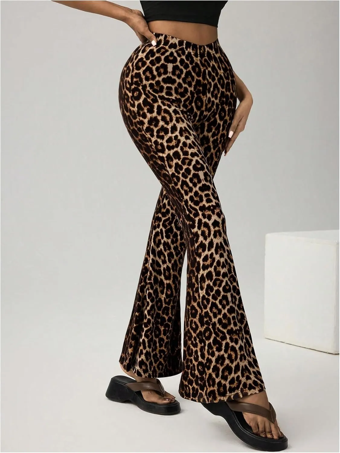 GORGLITTER Women's Cheetah Print Pants Bell Bottom High Waist Y2k Leopard Flare Trousers