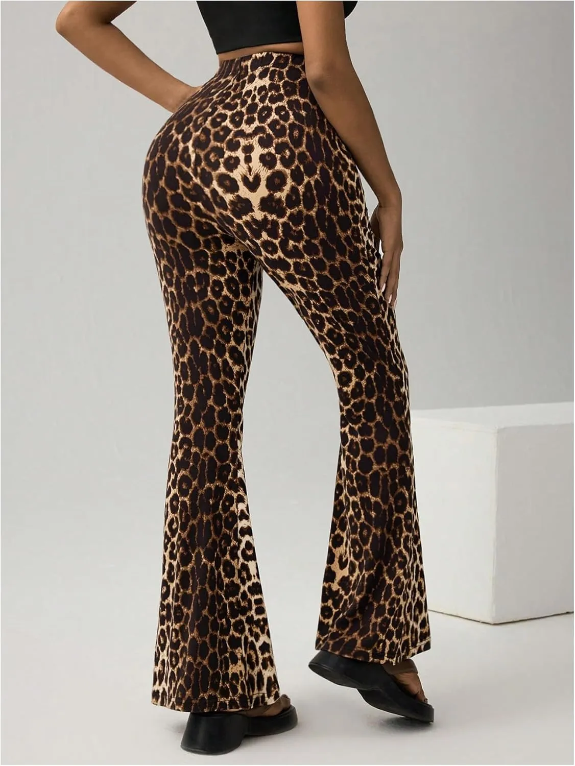 GORGLITTER Women's Cheetah Print Pants Bell Bottom High Waist Y2k Leopard Flare Trousers