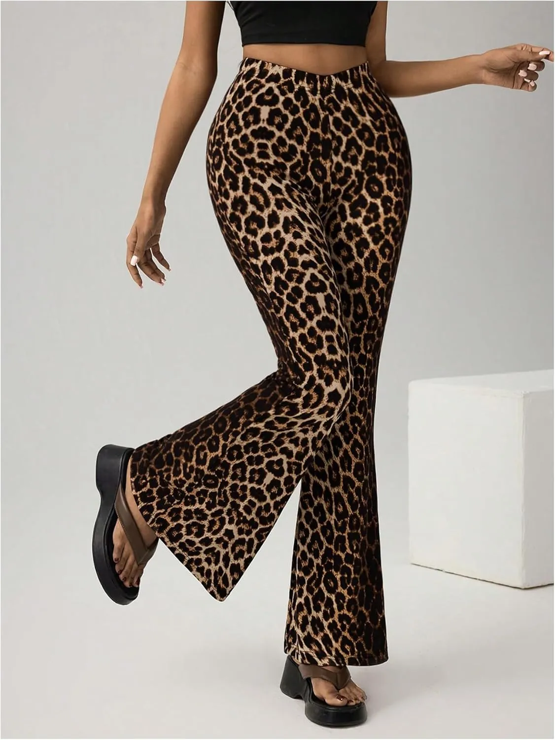 GORGLITTER Women's Cheetah Print Pants Bell Bottom High Waist Y2k Leopard Flare Trousers