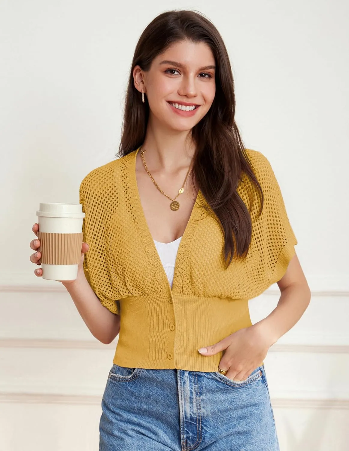 GRACE KARIN 2025 Women Short Sleeve Crochet Cardigan Summer Draped V-Neck Bolero Shrug Sweater Hollow Out Beach Cover Up