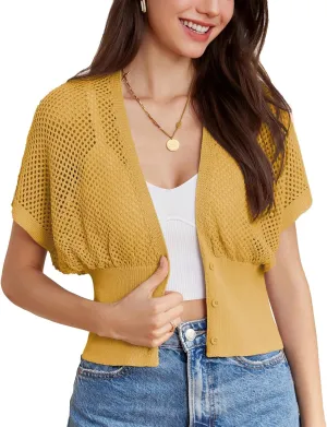 GRACE KARIN 2025 Women Short Sleeve Crochet Cardigan Summer Draped V-Neck Bolero Shrug Sweater Hollow Out Beach Cover Up