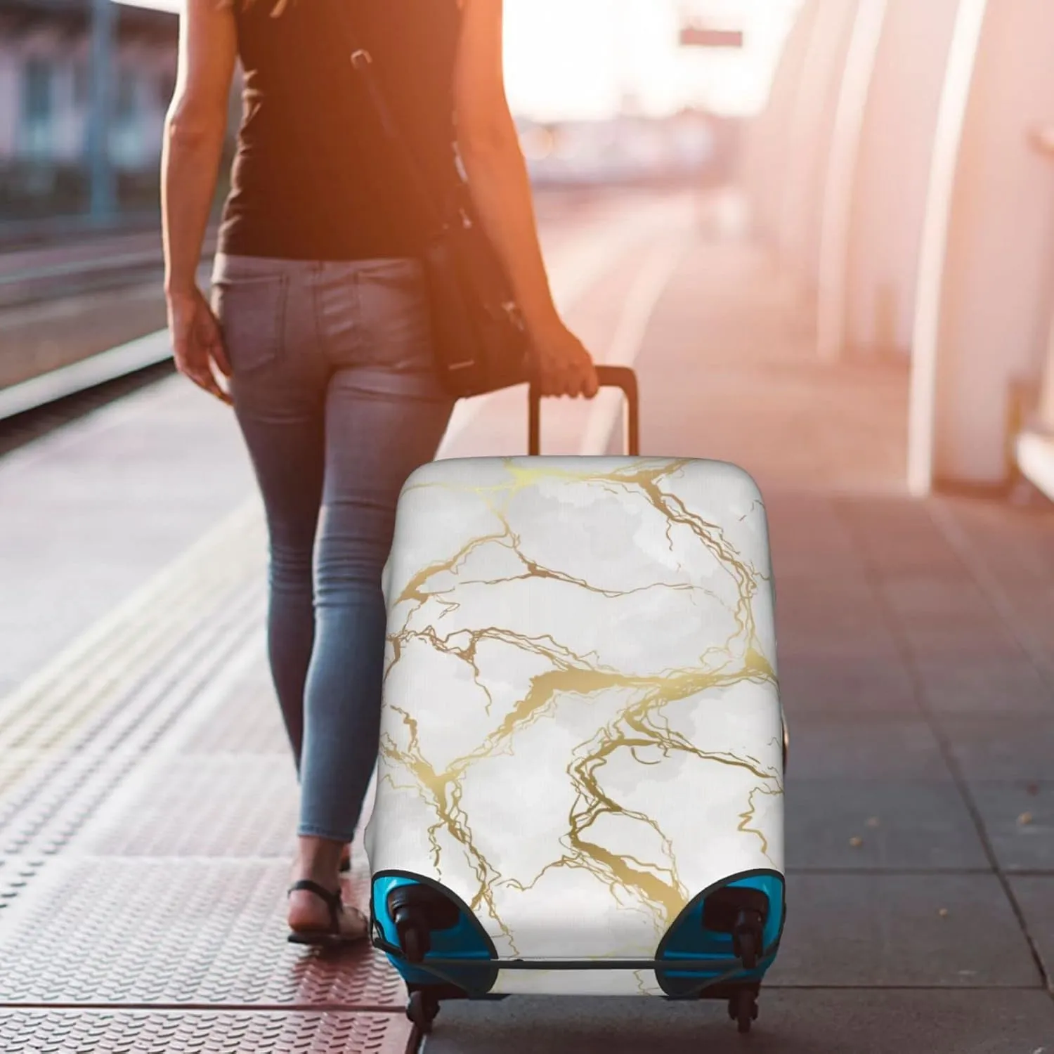 Gray White Golden Marble Luxury Marbling Travel Luggage Cover Fits 18/24/28/32 Inch Luggage, Stretch Suitcase Cover Protector with Concealed Zipper for Wheeled Suitcase Tsa Approved