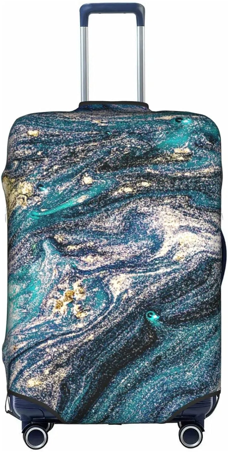 Green Blue Golden Abstract Marbling Marble Travel Luggage Cover Fits 18-32 Inch Luggage, Elastic Suitcase Cover Protector with Concealed Zipper for Wheeled Suitcase Travel Accessories