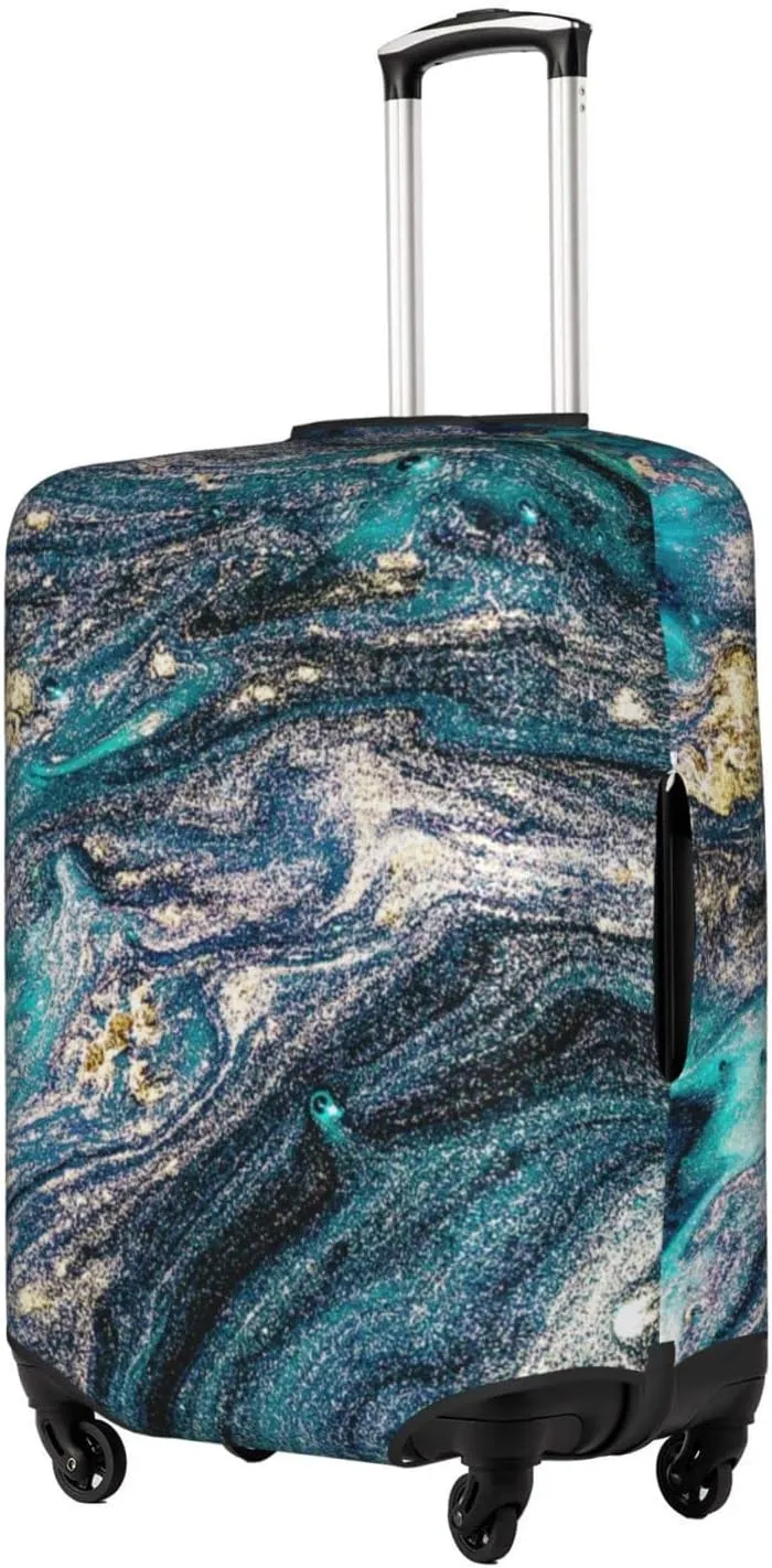 Green Blue Golden Abstract Marbling Marble Travel Luggage Cover Fits 18-32 Inch Luggage, Elastic Suitcase Cover Protector with Concealed Zipper for Wheeled Suitcase Travel Accessories