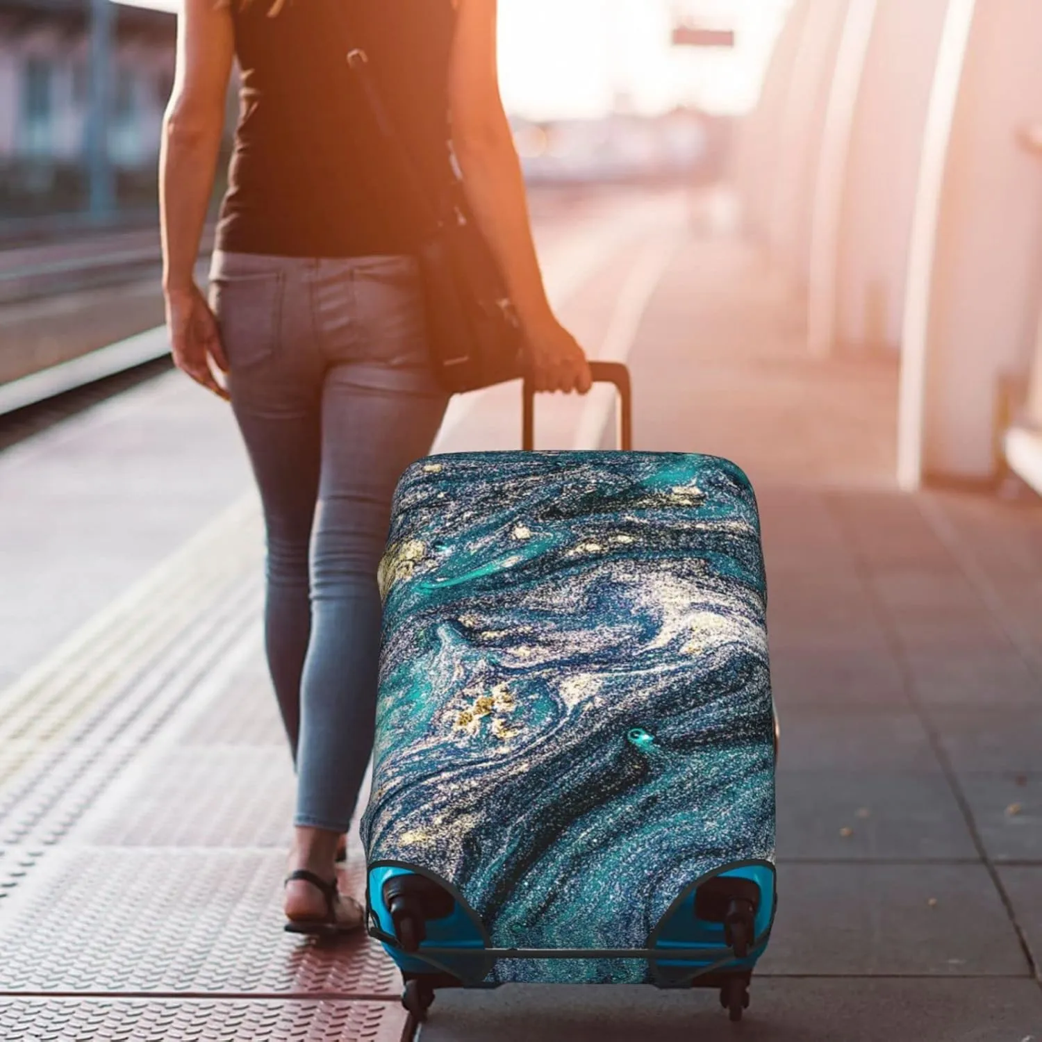 Green Blue Golden Abstract Marbling Marble Travel Luggage Cover Fits 18-32 Inch Luggage, Elastic Suitcase Cover Protector with Concealed Zipper for Wheeled Suitcase Travel Accessories