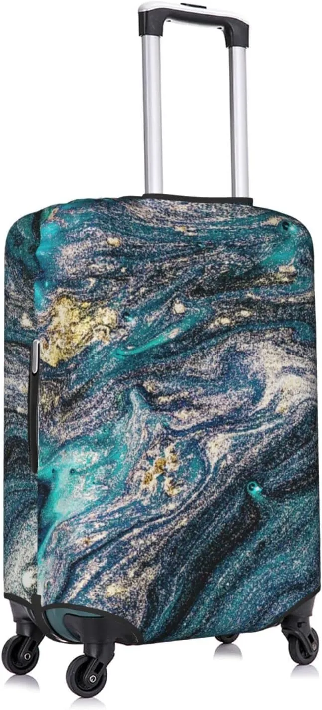 Green Blue Golden Abstract Marbling Marble Travel Luggage Cover Fits 18-32 Inch Luggage, Elastic Suitcase Cover Protector with Concealed Zipper for Wheeled Suitcase Travel Accessories
