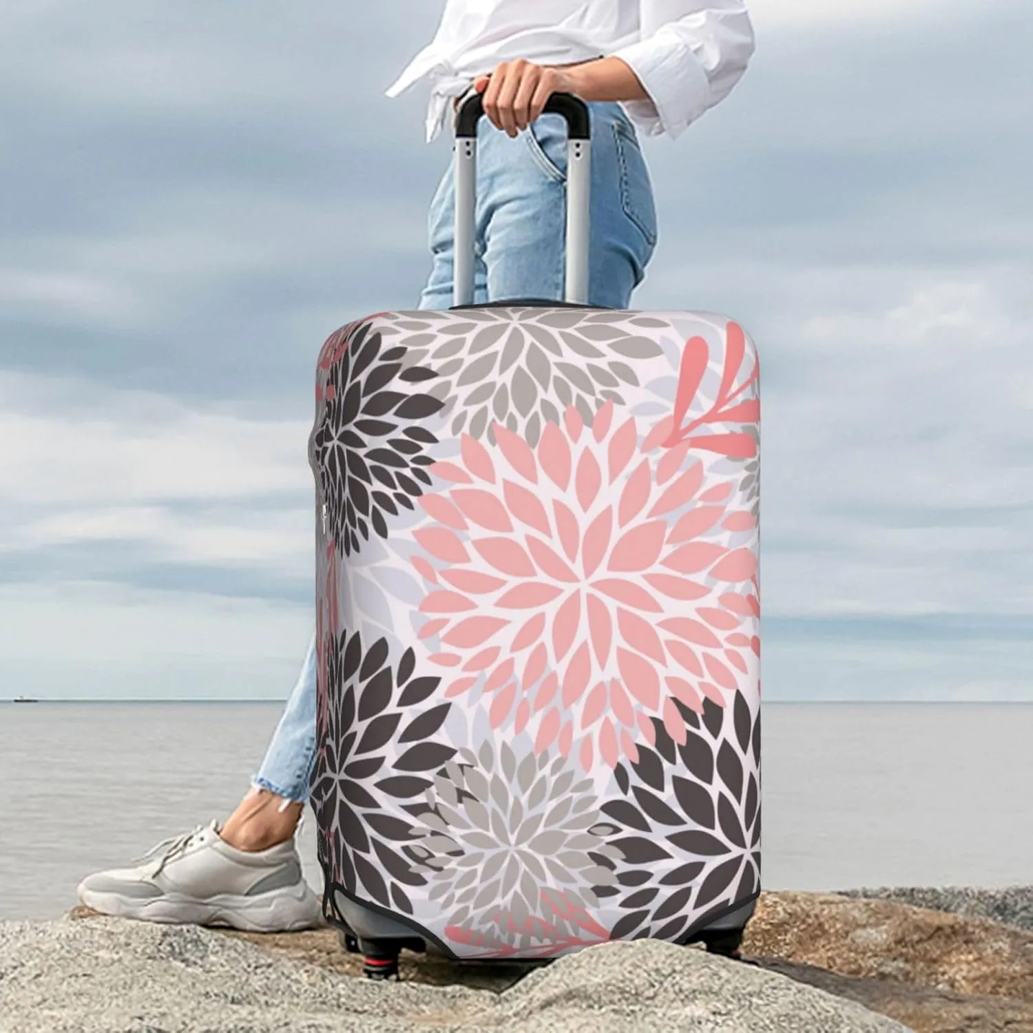 Grey Pink Daisy Floral Luggage Suitcase Covers Elastic Washable Chrysanthemum Flowers Luggage Protector Travel Suitcase Protective Cover For Kid And Adult, S (Fit 18-21 Inch Luggage)