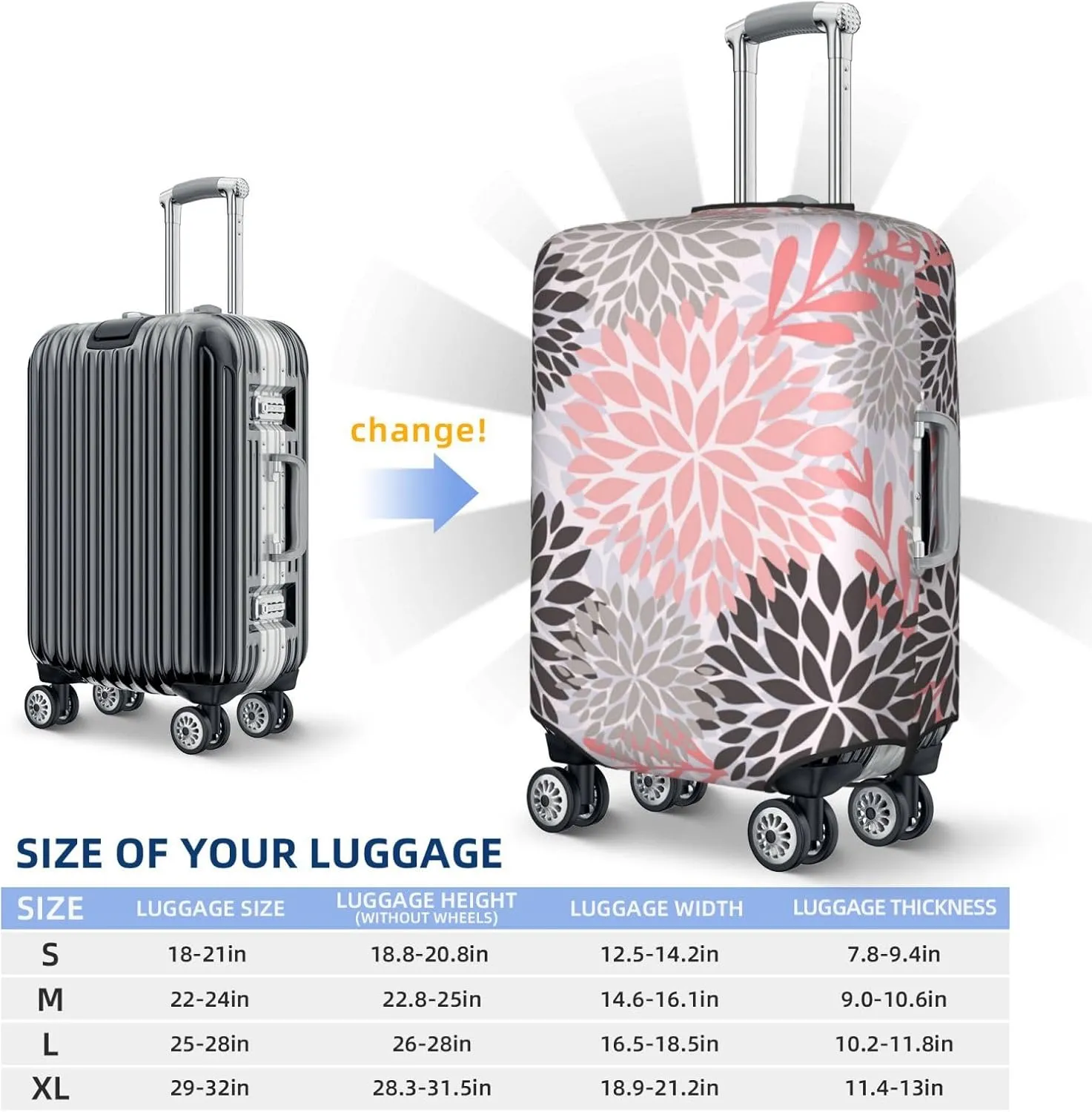 Grey Pink Daisy Floral Luggage Suitcase Covers Elastic Washable Chrysanthemum Flowers Luggage Protector Travel Suitcase Protective Cover For Kid And Adult, S (Fit 18-21 Inch Luggage)