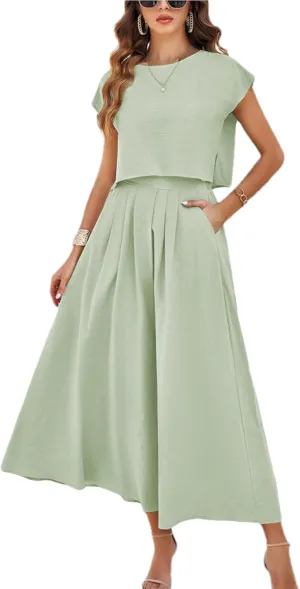 HangNiFang 2025 Summer Skirt Sets Women 2 Piece Outfits Cap Sleeve Top Elastic Waist Maxi Dress Sets with Pockets