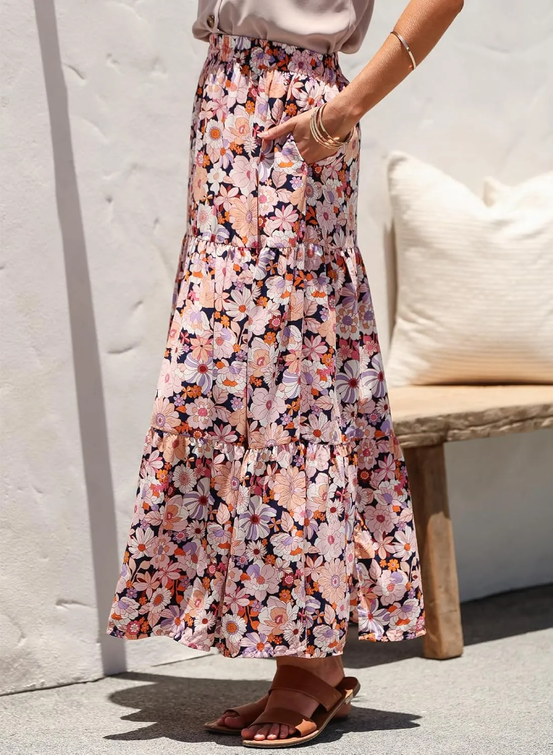 Happy Sailed Skirts for Women Spring Summer Boho Floral Print High Waist Flowy Split A Line Maxi Skirt with Pockets