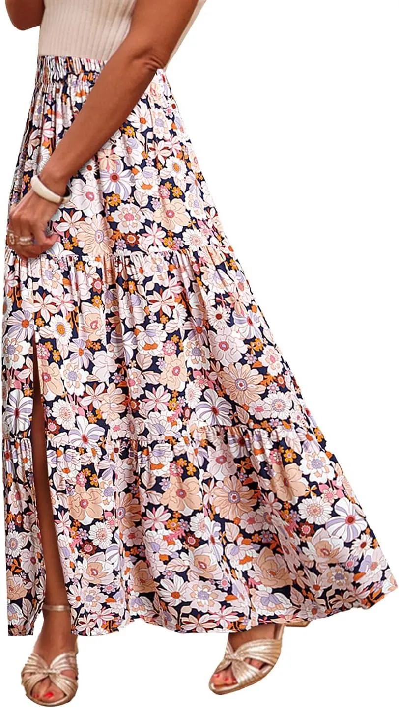 Happy Sailed Skirts for Women Spring Summer Boho Floral Print High Waist Flowy Split A Line Maxi Skirt with Pockets