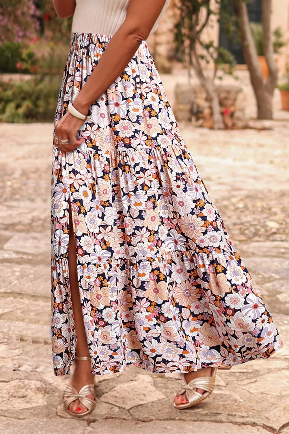 Happy Sailed Skirts for Women Spring Summer Boho Floral Print High Waist Flowy Split A Line Maxi Skirt with Pockets