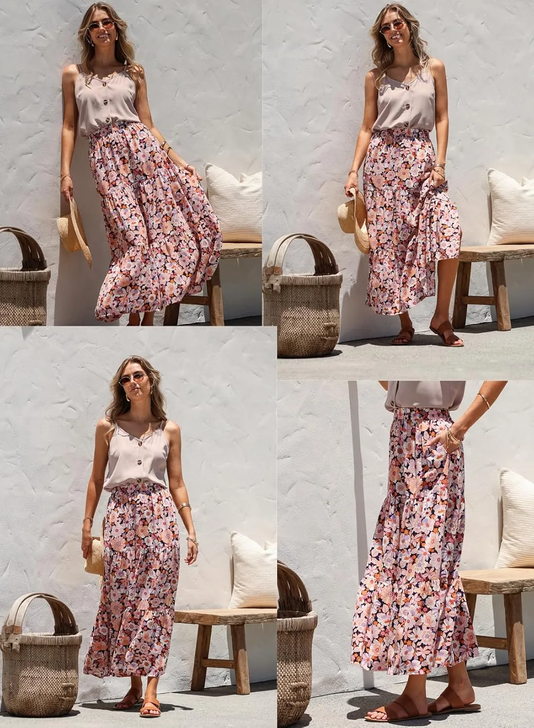 Happy Sailed Skirts for Women Spring Summer Boho Floral Print High Waist Flowy Split A Line Maxi Skirt with Pockets