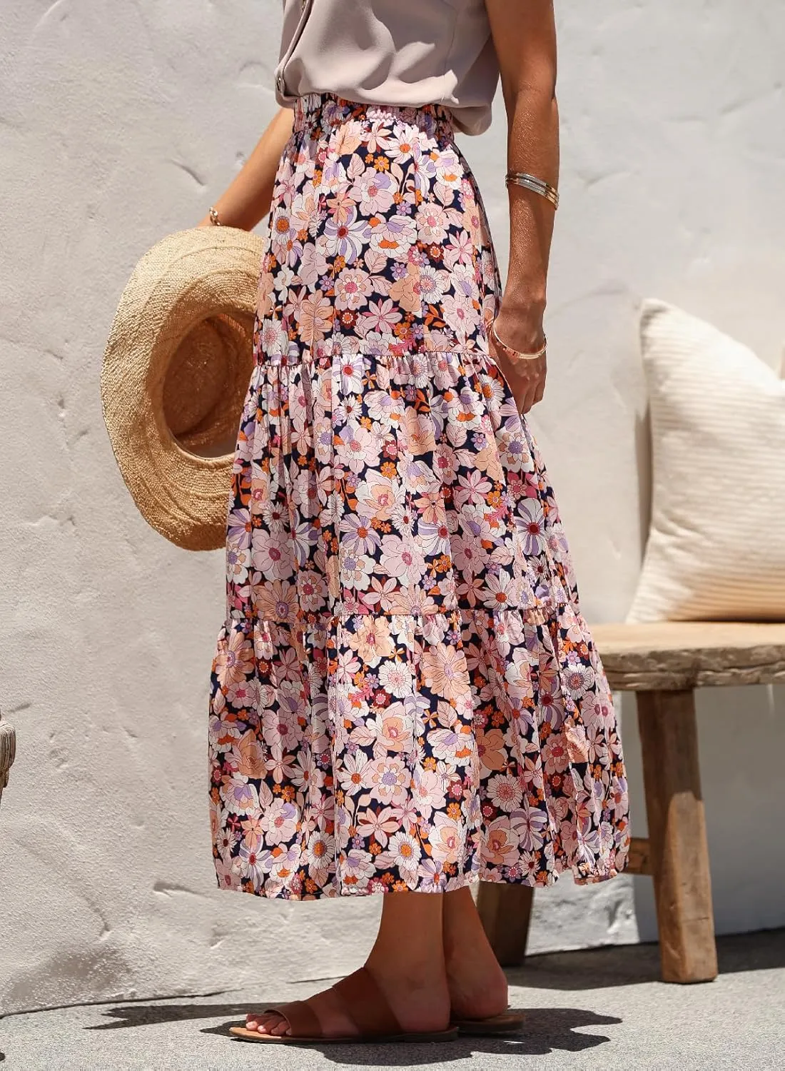 Happy Sailed Skirts for Women Spring Summer Boho Floral Print High Waist Flowy Split A Line Maxi Skirt with Pockets