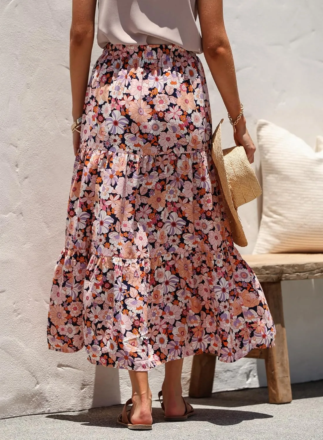 Happy Sailed Skirts for Women Spring Summer Boho Floral Print High Waist Flowy Split A Line Maxi Skirt with Pockets