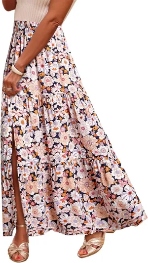 Happy Sailed Skirts for Women Spring Summer Boho Floral Print High Waist Flowy Split A Line Maxi Skirt with Pockets
