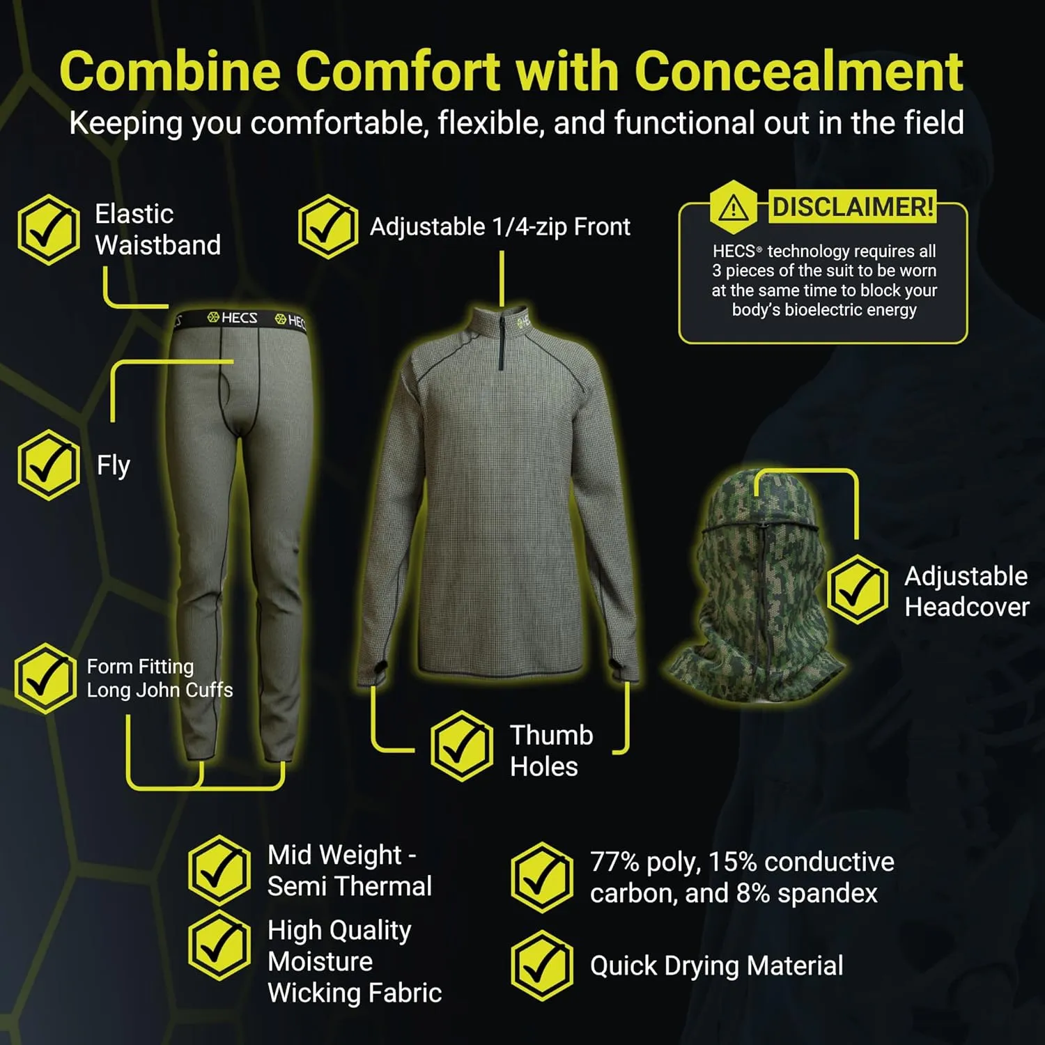 HECS Hunting-High Performance Base Layer-Underwear with Patented Technology for Deer, Big Game & Turkey Hunting