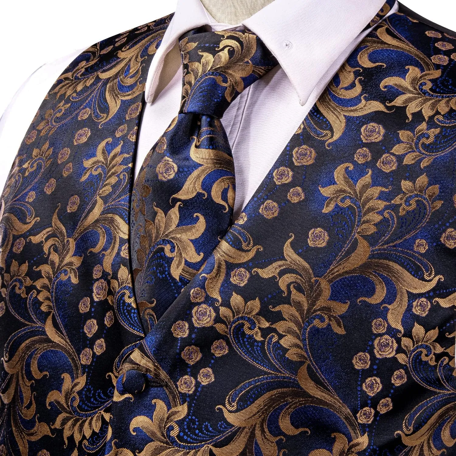 Hi-Tie Men's Silk Suit Vest Formal Vest for Men V Neck Jacquard Tie Handkerchief Cufflinks 4PCS Suits
