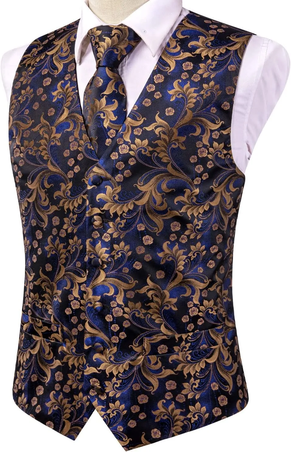 Hi-Tie Men's Silk Suit Vest Formal Vest for Men V Neck Jacquard Tie Handkerchief Cufflinks 4PCS Suits