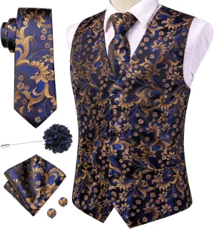 Hi-Tie Men's Silk Suit Vest Formal Vest for Men V Neck Jacquard Tie Handkerchief Cufflinks 4PCS Suits