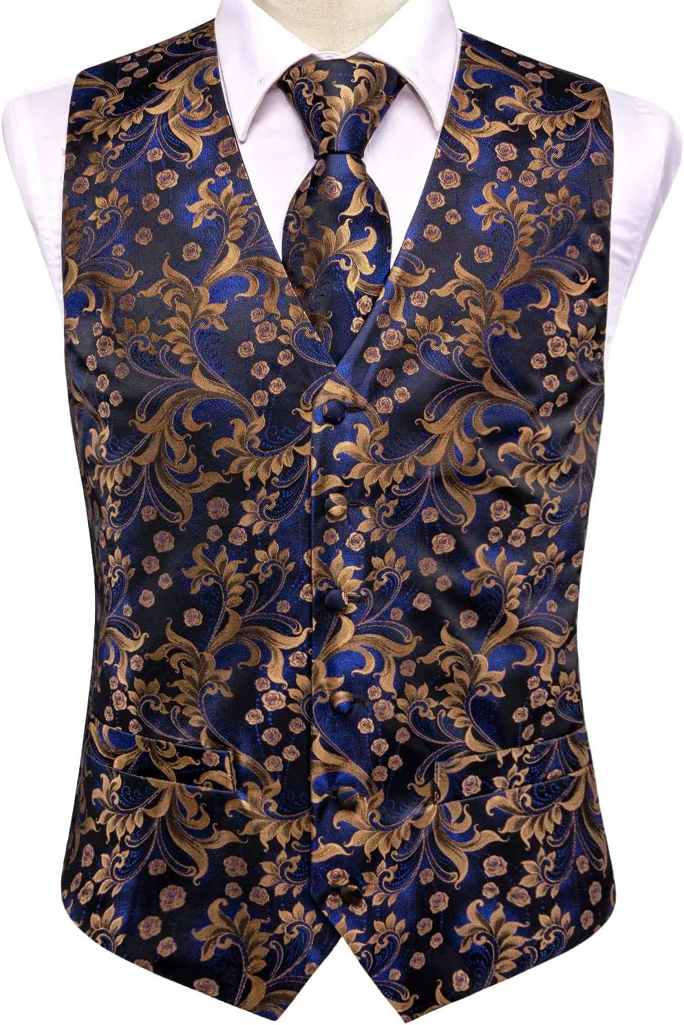Hi-Tie Men's Silk Suit Vest Formal Vest for Men V Neck Jacquard Tie Handkerchief Cufflinks 4PCS Suits