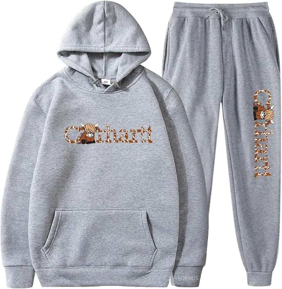 Highland Cow Hoodie Womens 2 Piece Outfits Cow Print Sweatsuit Sets with Joggers Sweatpants Fun Cow Lover Gift