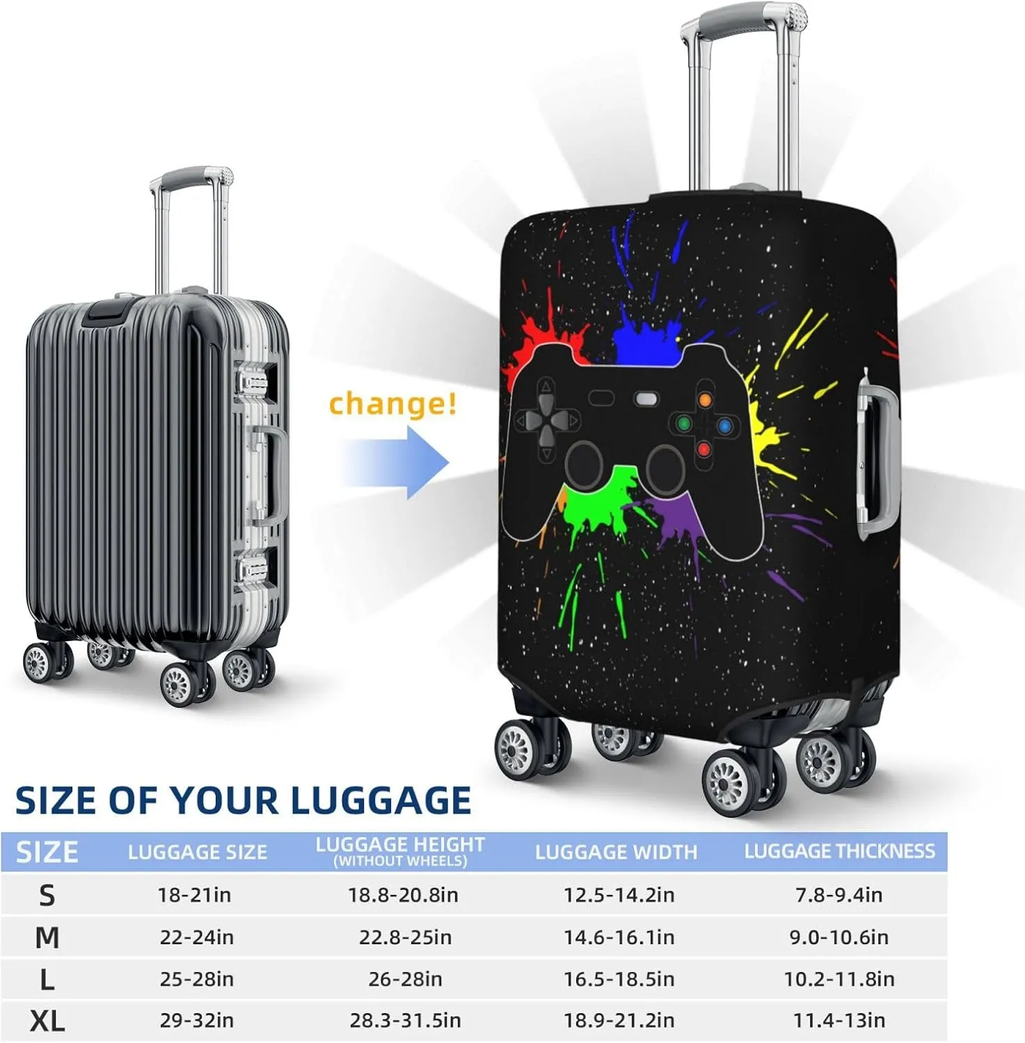Hipster Game Controller Pattern Luggage Suitcase Covers Elastic Washable Game Joystick Luggage Protector Travel Suitcase Protective Cover For Kid And Adult, M (Fit 22-24 Inch Luggage)